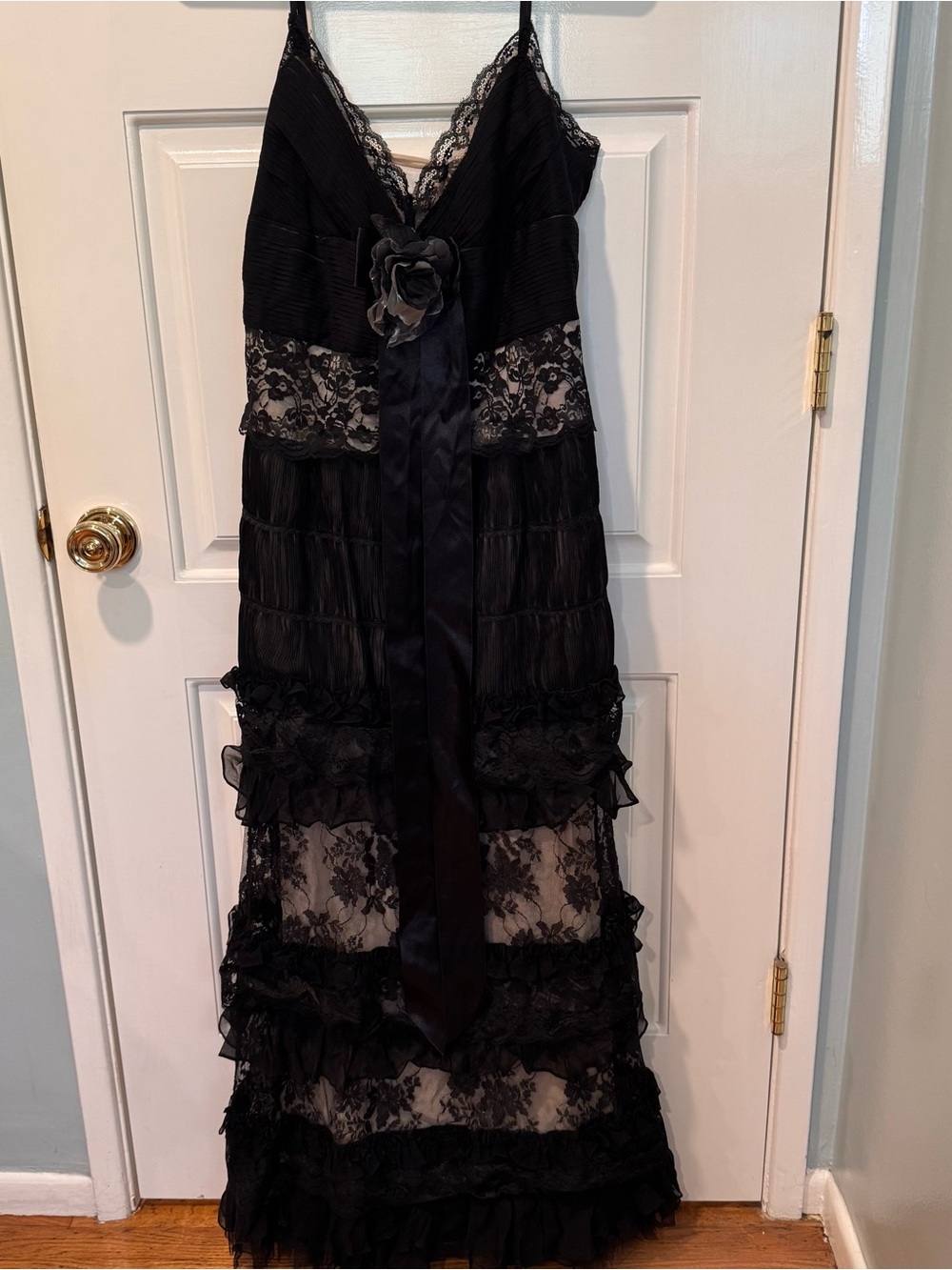 Black Lace Tiered Maxi Dress with Floral Applique. Evening. Floor length.